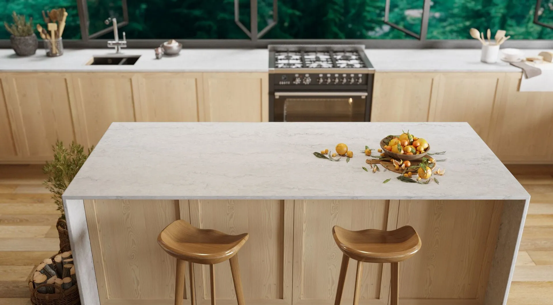 Image of installed Vicostone Elysian Quartz countertops