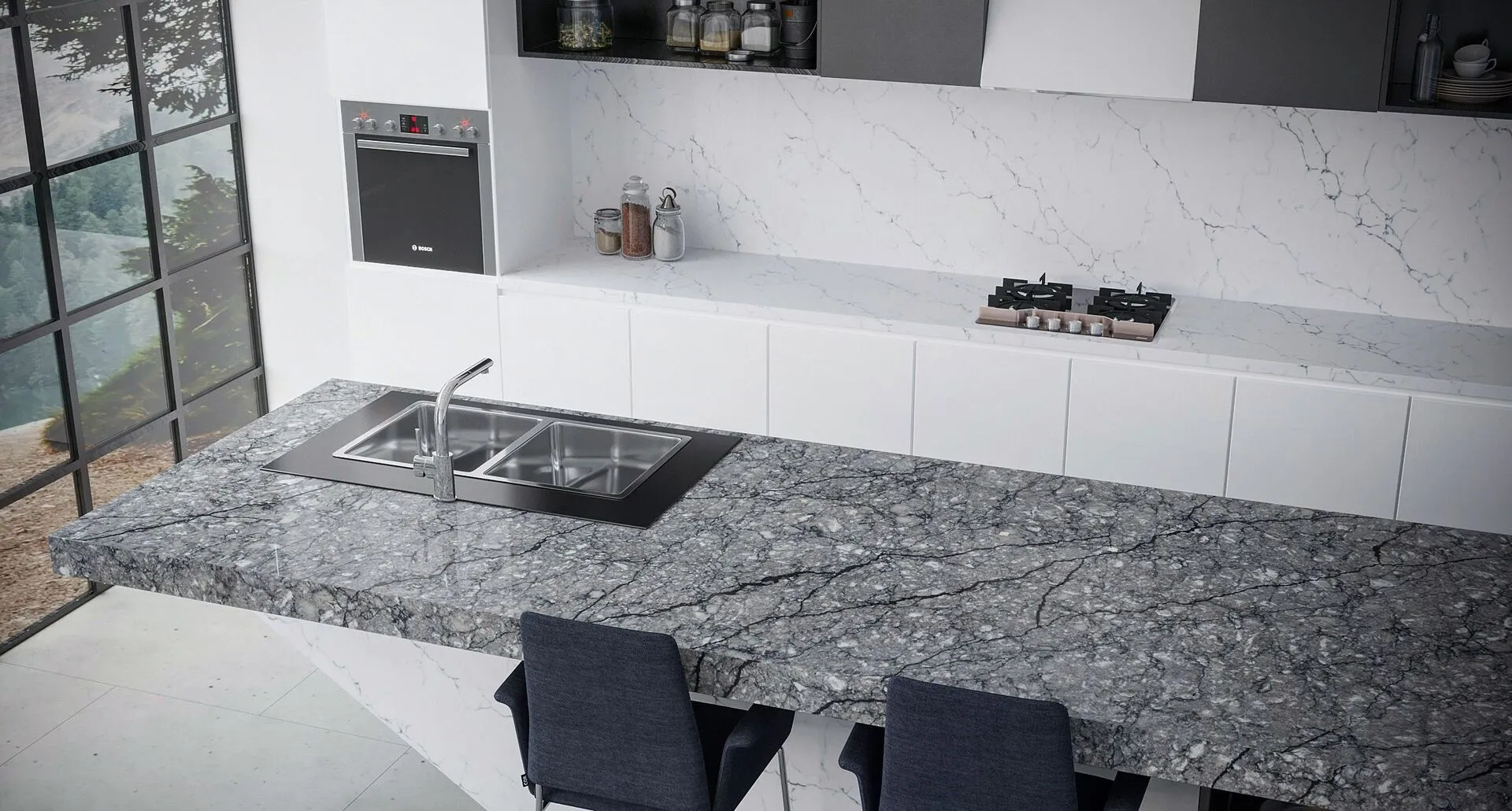 Image of installed Vicostone Thunder Grey Quartz countertops
