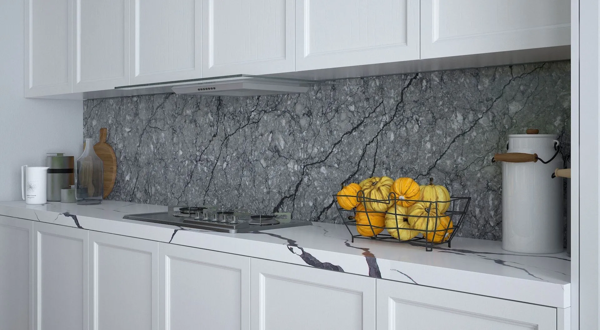 Image of installed Vicostone Thunder Grey Quartz countertops