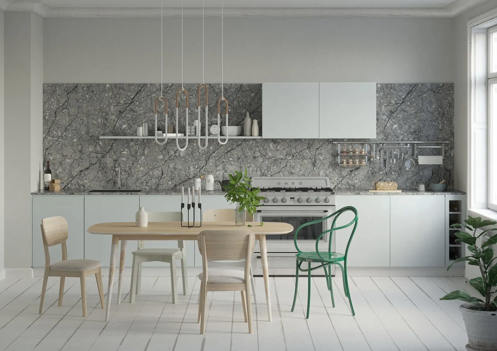 Image of installed Vicostone Thunder Grey Quartz countertops