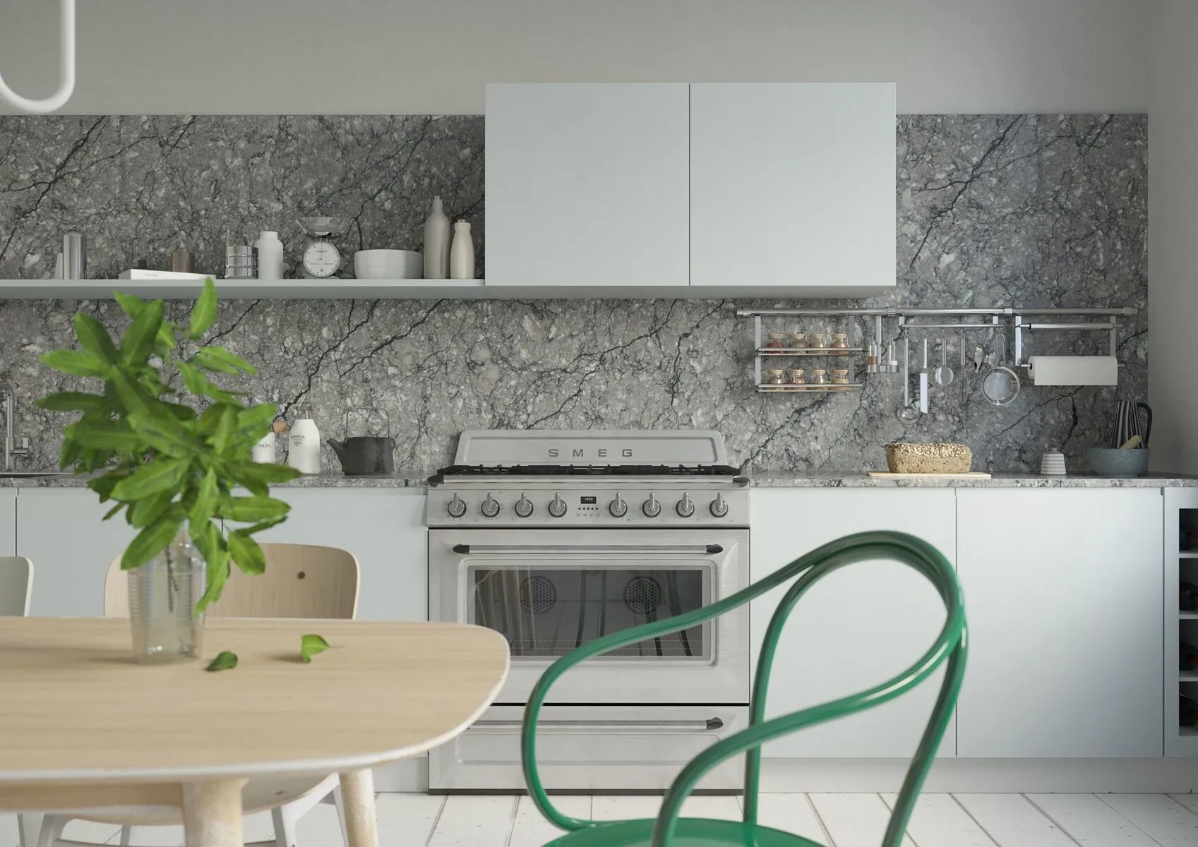 Image of installed Vicostone Thunder Grey Quartz countertops