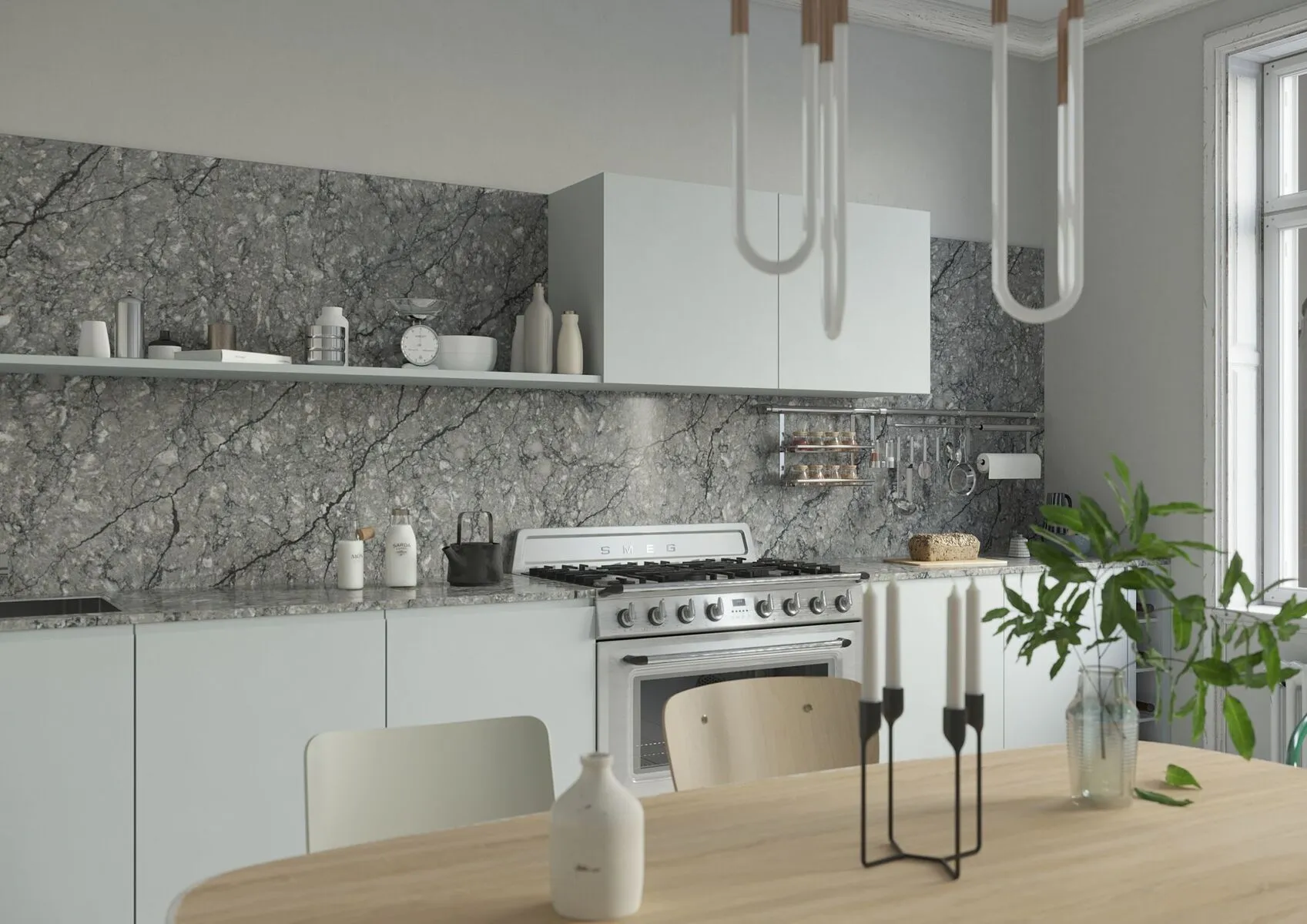 Image of installed Vicostone Thunder Grey Quartz countertops