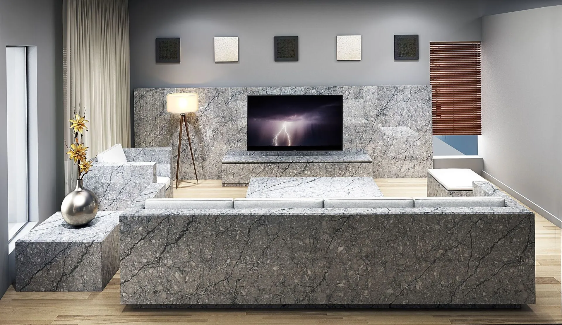Image of installed Vicostone Thunder Grey Quartz countertops