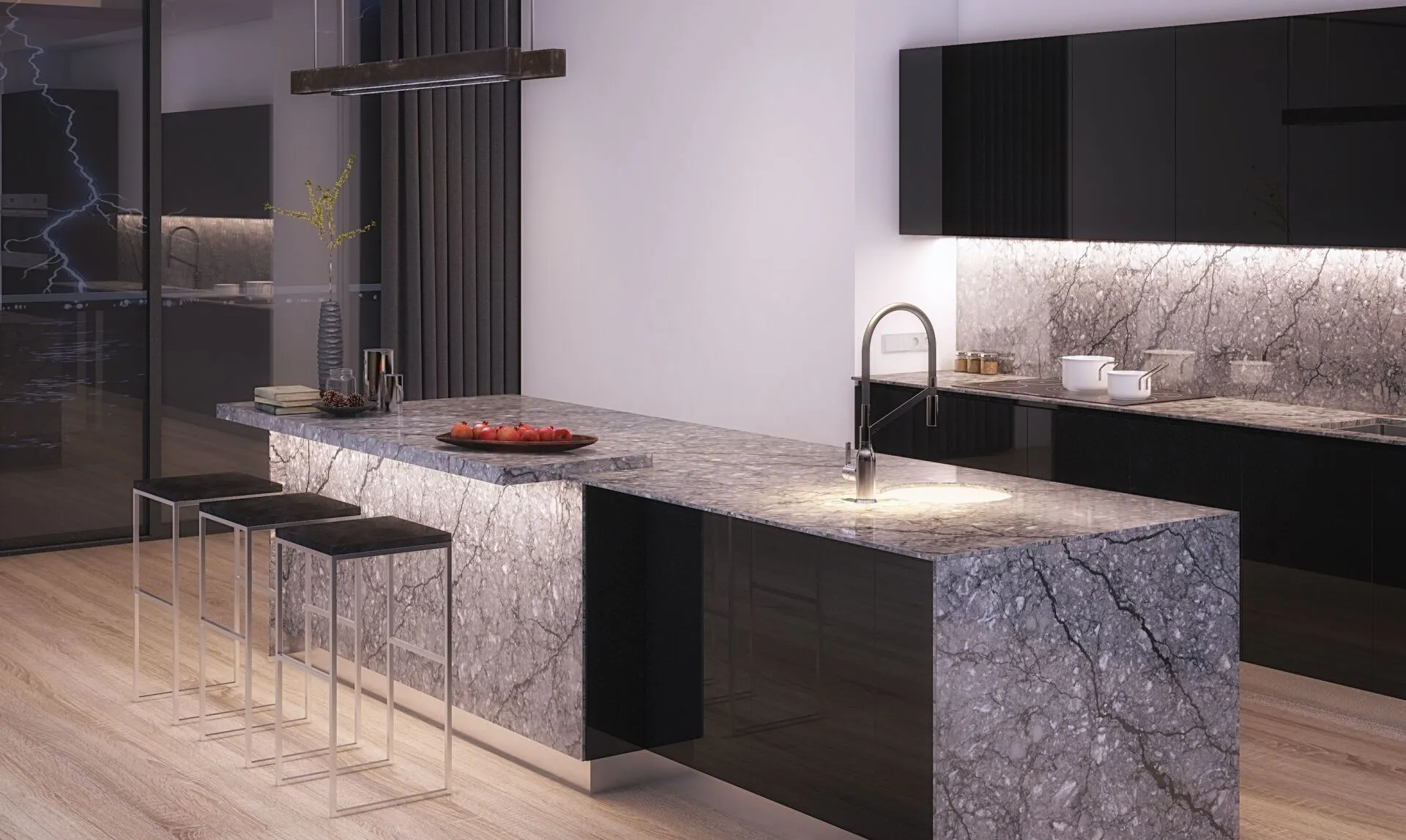 Image of installed Vicostone Thunder Grey Quartz countertops