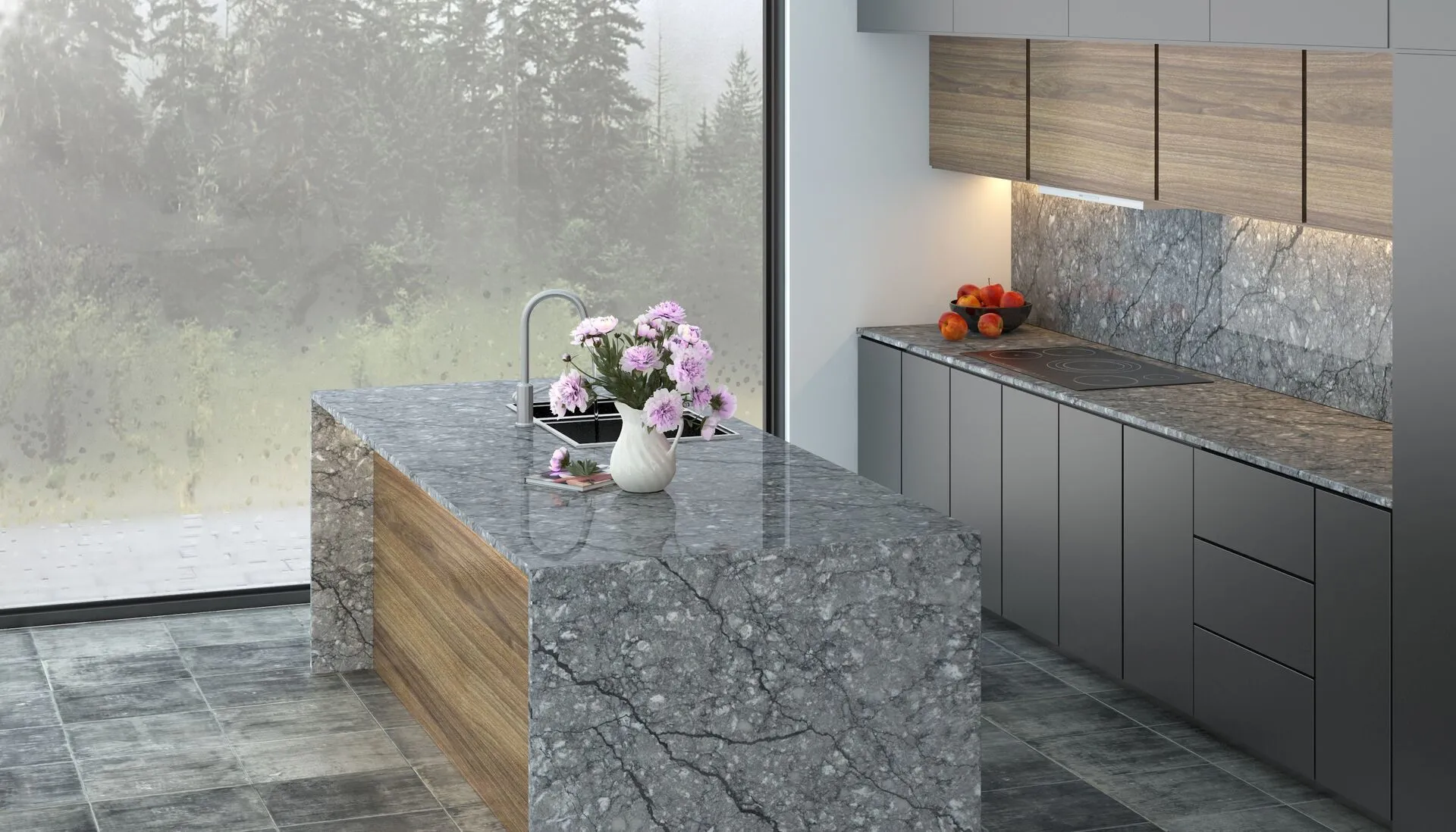 Image of installed Vicostone Thunder Grey Quartz countertops