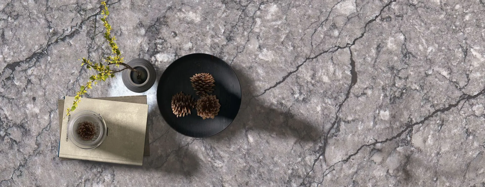 Image of installed Vicostone Thunder Grey Quartz countertops