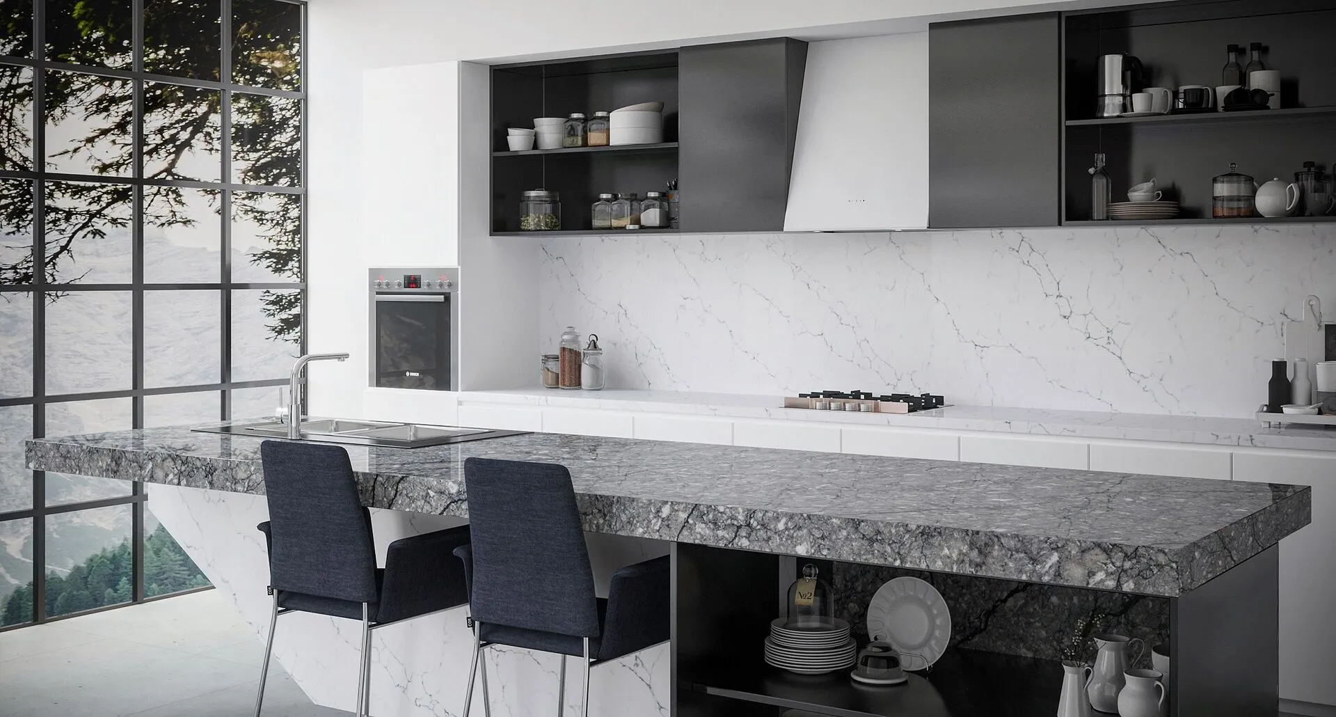 Image of installed Vicostone Thunder Grey Quartz countertops