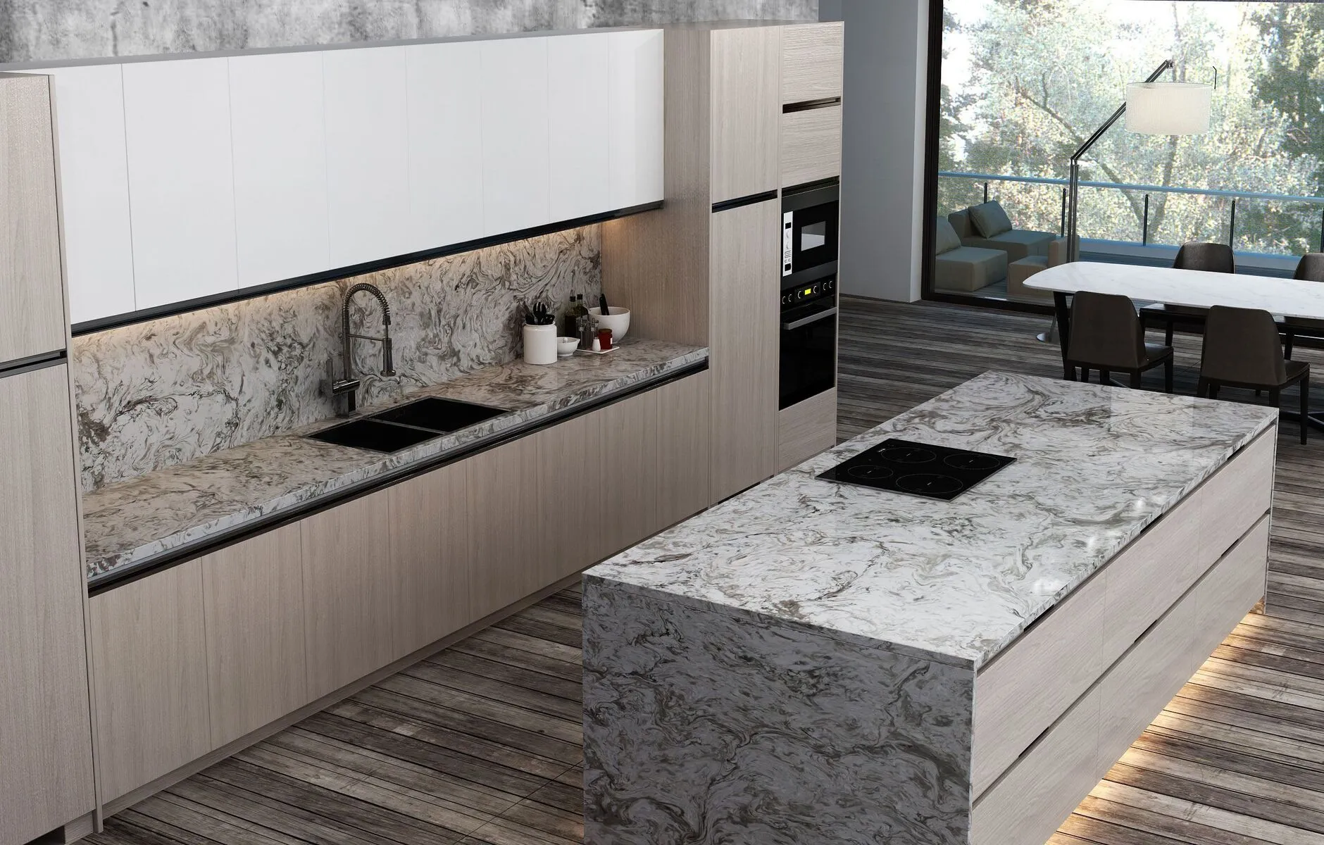 Image of installed Vicostone Avalanche White Quartz countertops