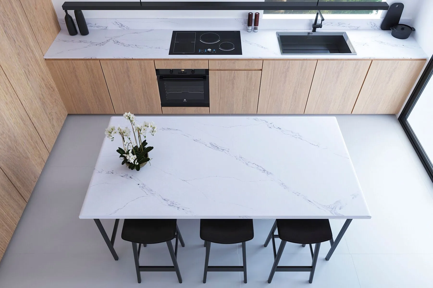 Image of installed Vicostone Borghini Quartz countertops