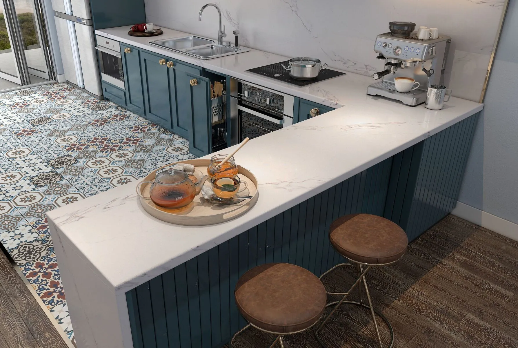 Image of installed Vicostone Borghini Quartz countertops