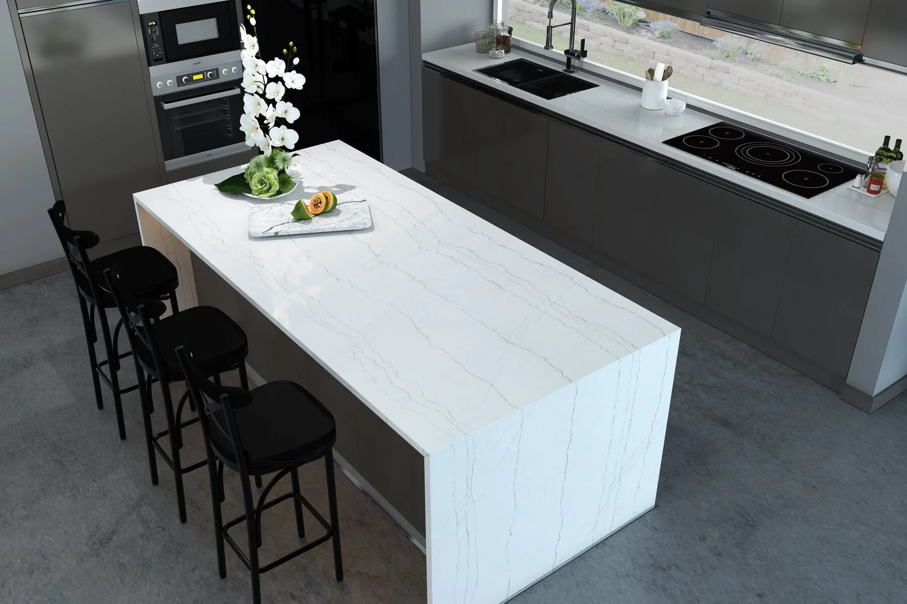 Image of installed Vicostone Luce Di Luna Quartz countertops