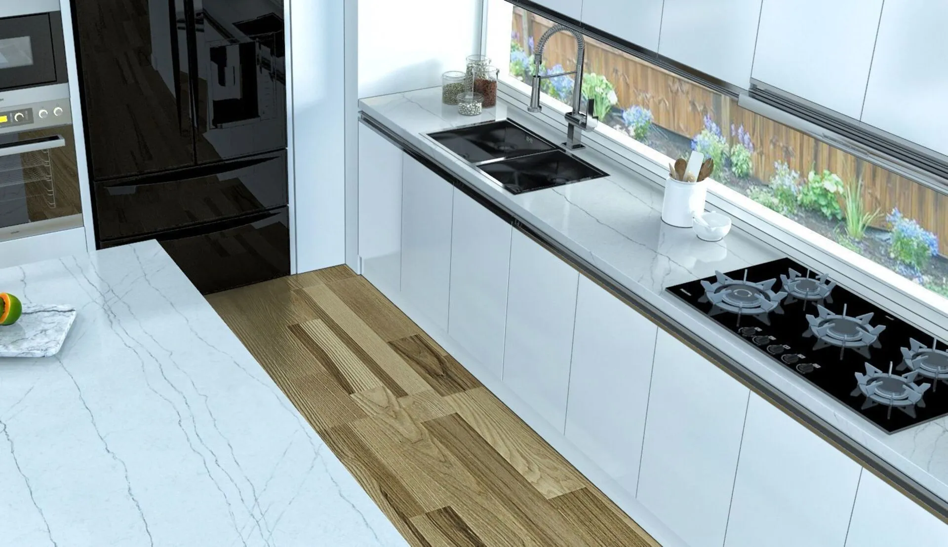 Image of installed Vicostone Luce Di Luna Quartz countertops