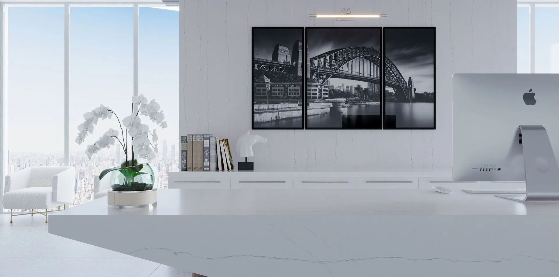 Image of installed Vicostone Luce Di Luna Quartz countertops