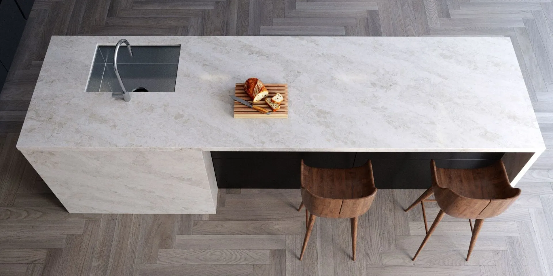 Image of installed Vicostone Madreperola Brown Quartz countertops