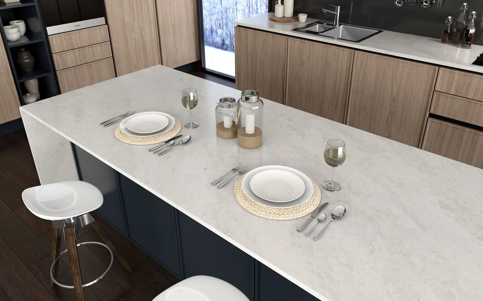 Image of installed Vicostone Madreperola Brown Quartz countertops