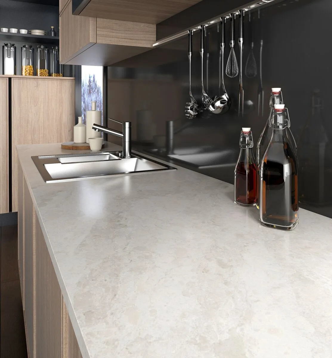 Image of installed Vicostone Madreperola Brown Quartz countertops
