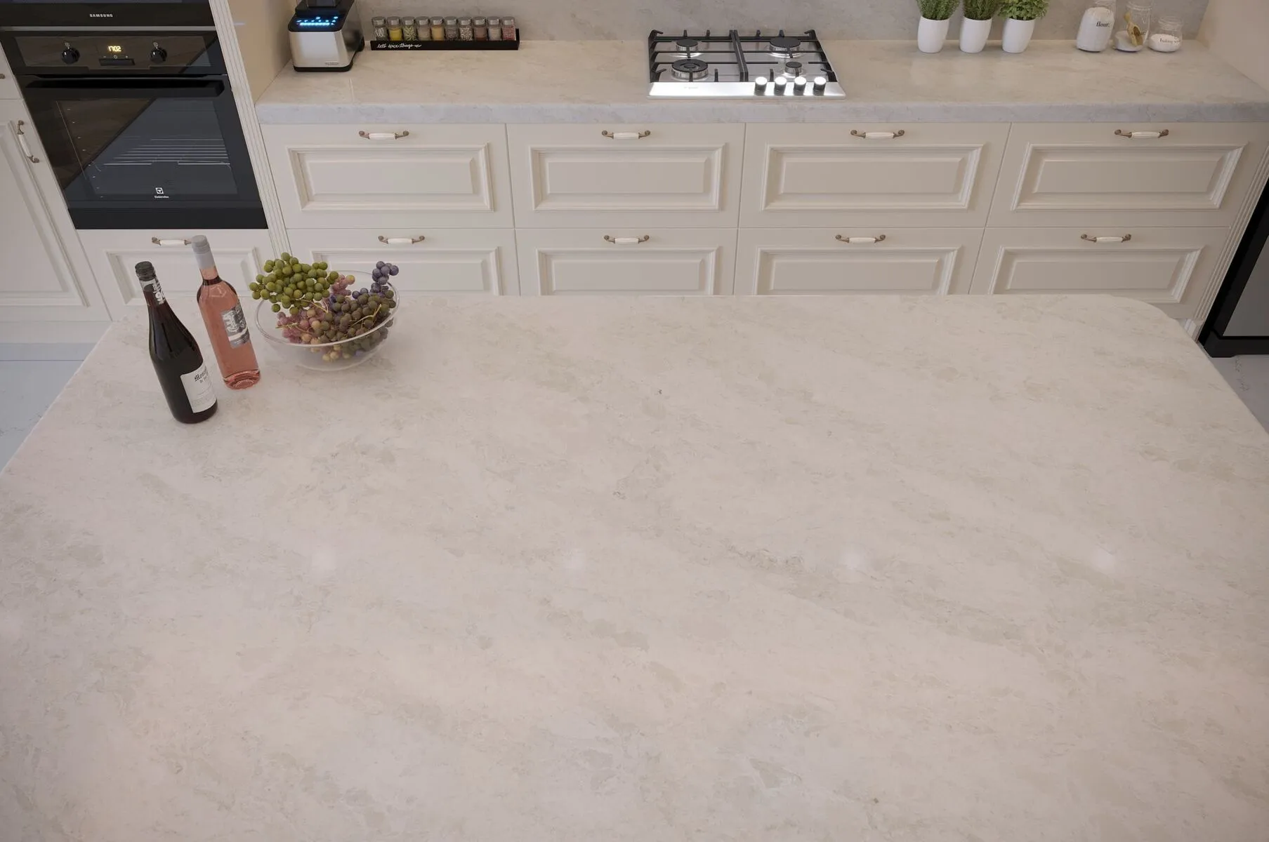 Image of installed Vicostone Madreperola Brown Quartz countertops