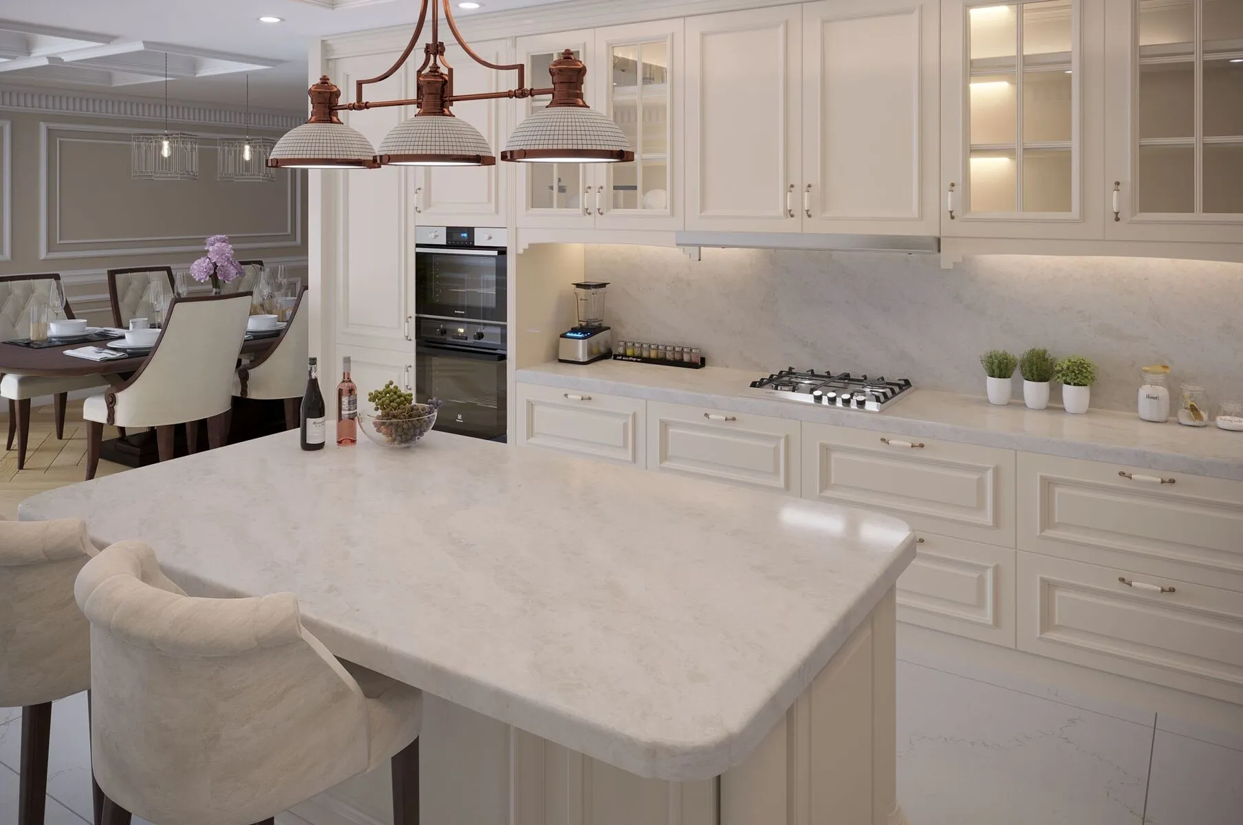 Image of installed Vicostone Madreperola Brown Quartz countertops