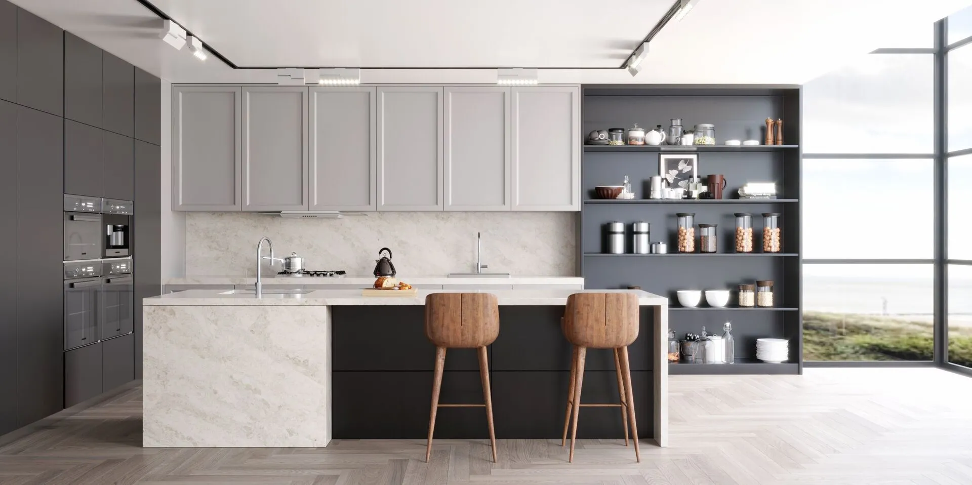 Image of installed Vicostone Madreperola Brown Quartz countertops