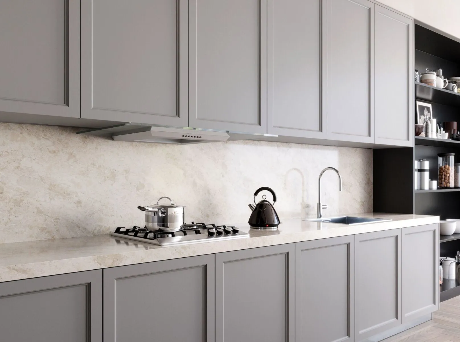 Image of installed Vicostone Madreperola Brown Quartz countertops