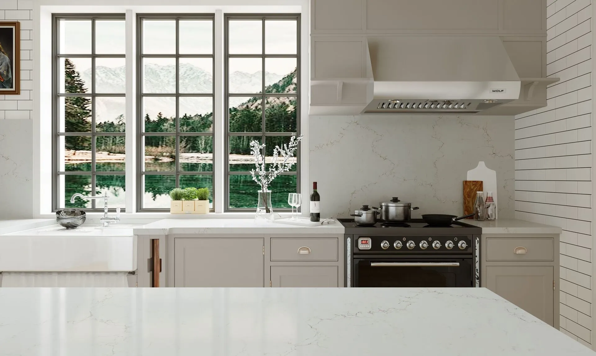 Image of installed Vicostone Misterio Gold Quartz countertops