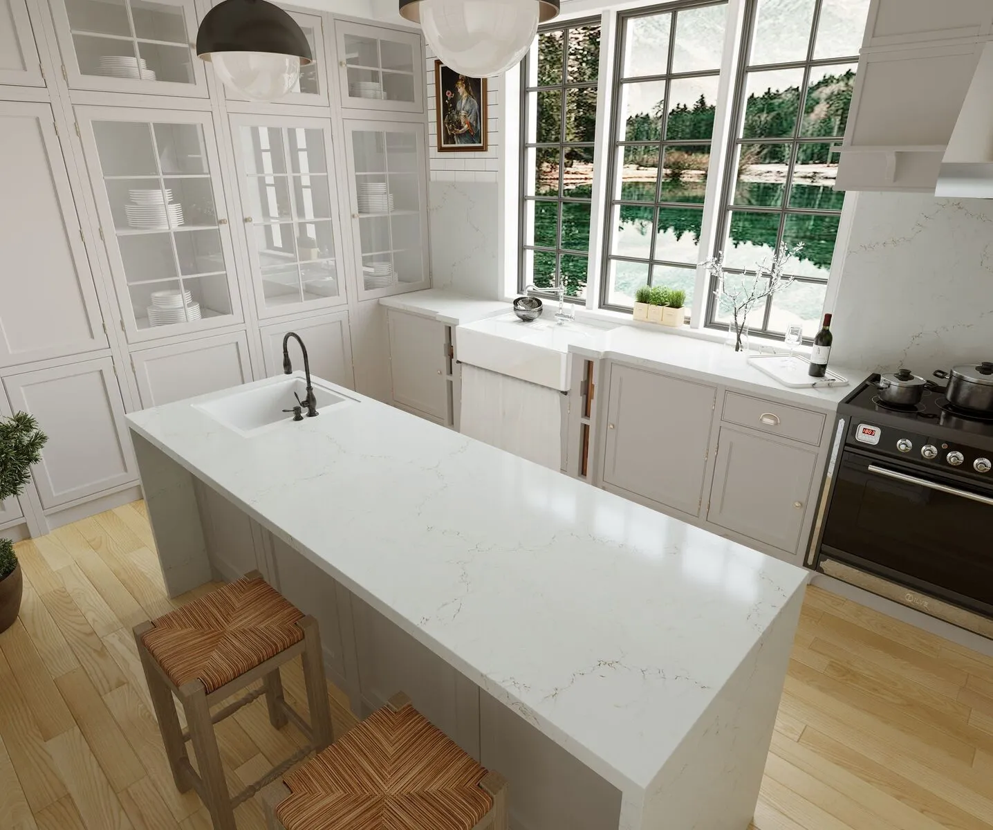 Image of installed Vicostone Misterio Gold Quartz countertops