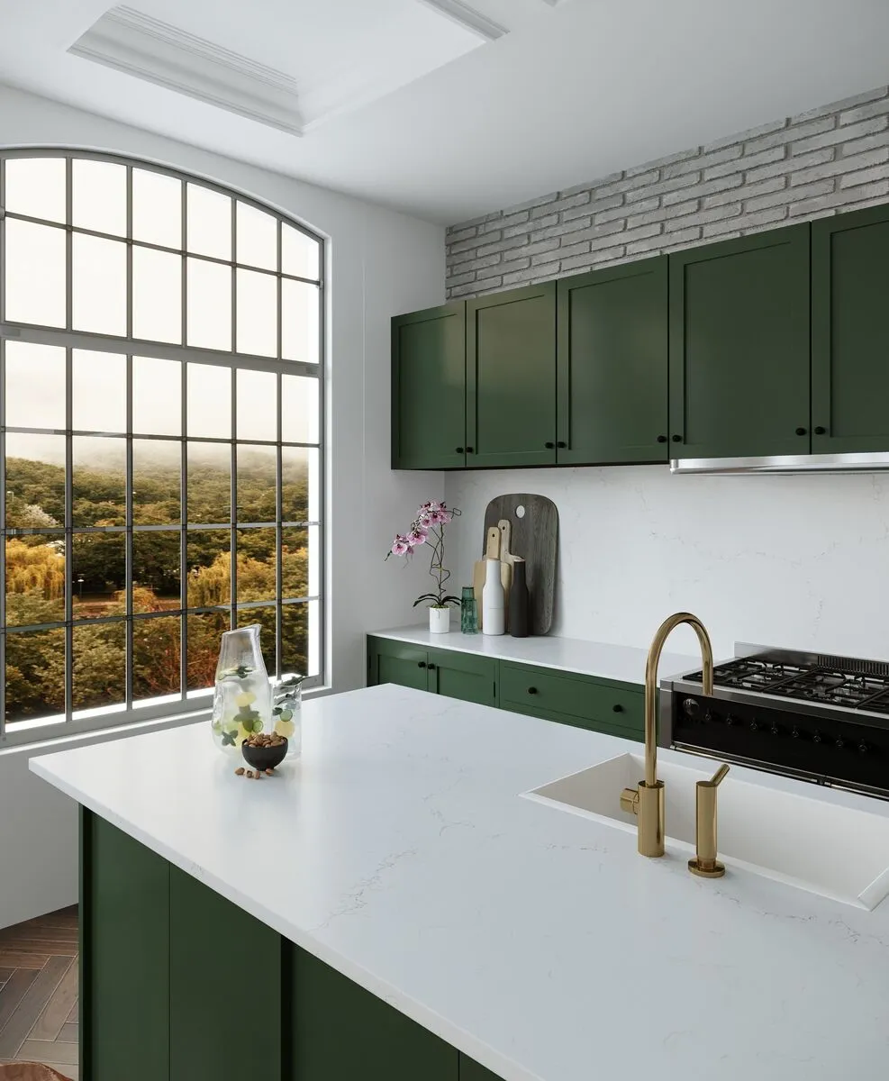 Image of installed Vicostone Misterio Gold Quartz countertops