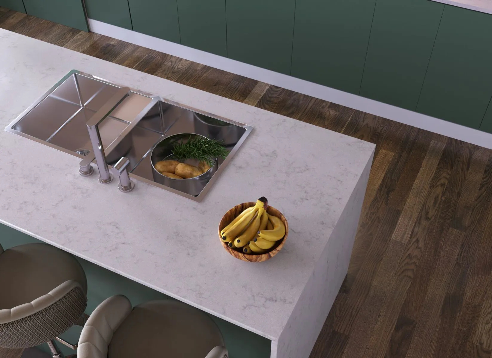 Image of installed Vicostone Hestia Quartz countertops