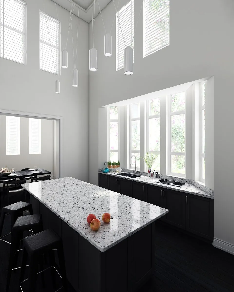 Image of installed Vicostone Alaska Black Grey Quartz countertops
