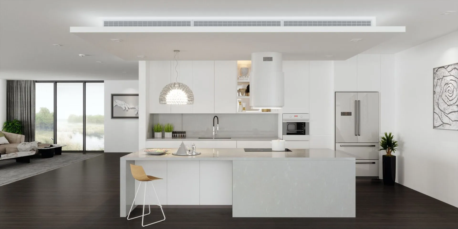 Image of installed Vicostone Grey Savoie Quartz countertops