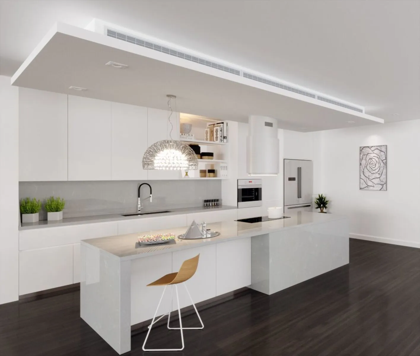 Image of installed Vicostone Grey Savoie Quartz countertops