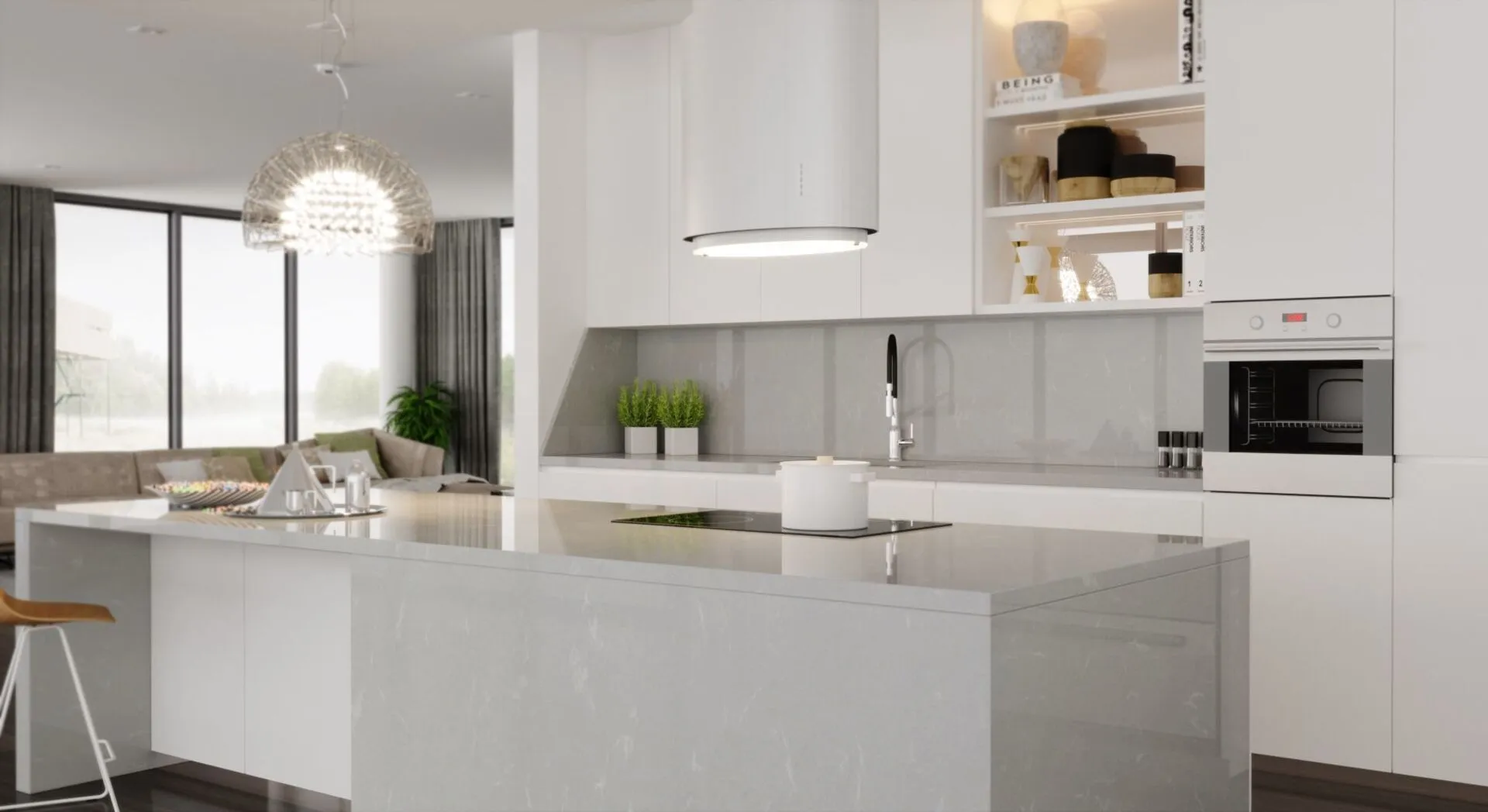 Image of installed Vicostone Grey Savoie Quartz countertops