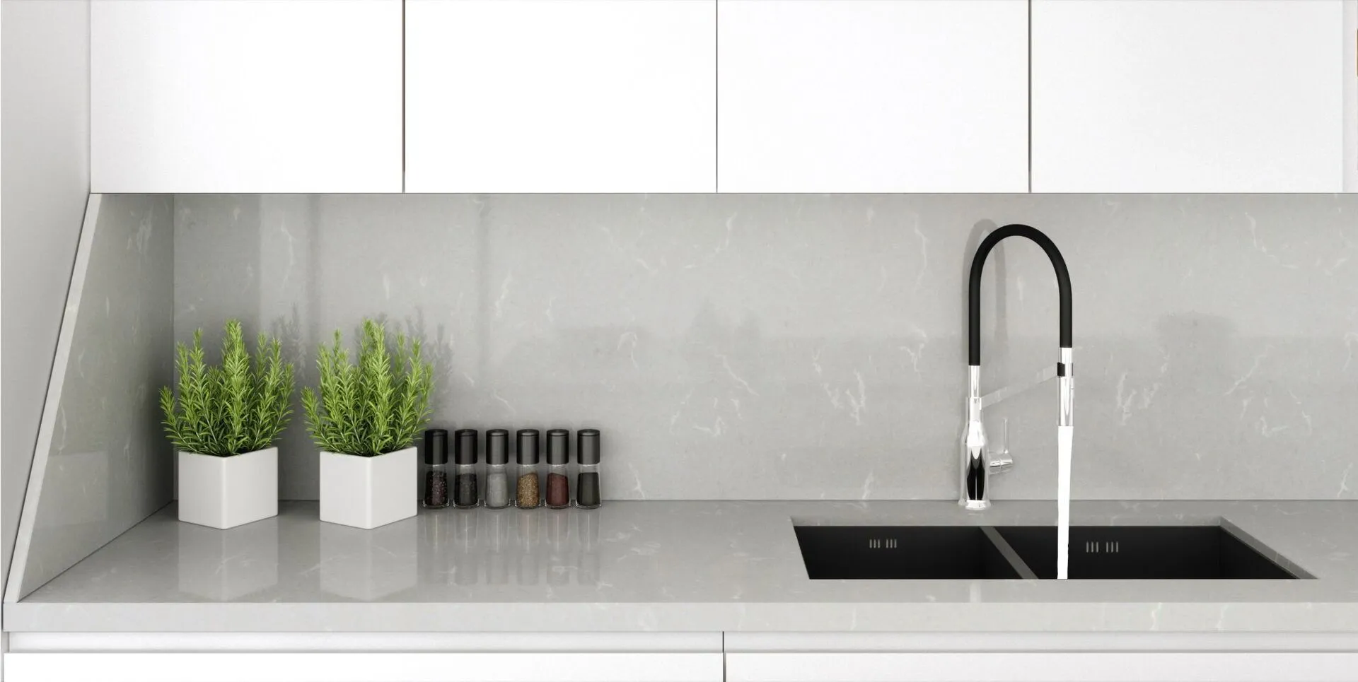 Image of installed Vicostone Grey Savoie Quartz countertops