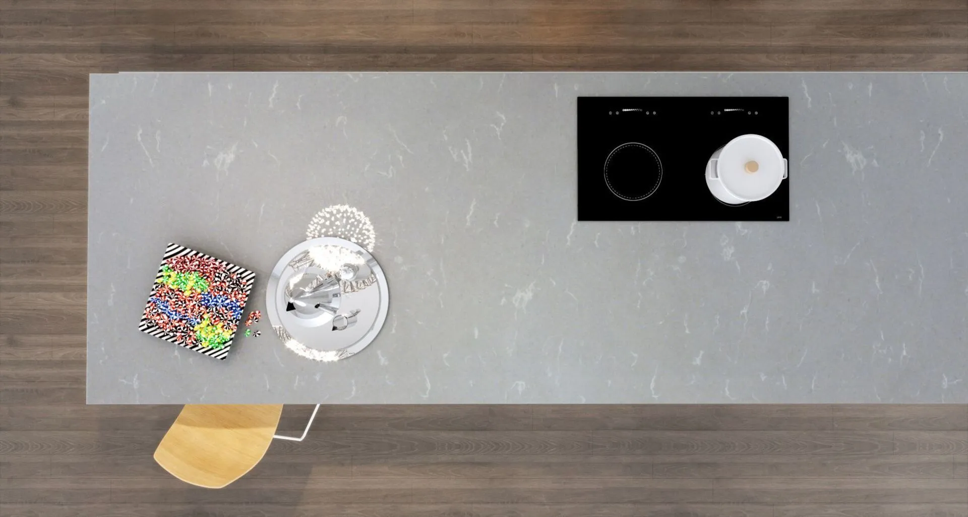 Image of installed Vicostone Grey Savoie Quartz countertops