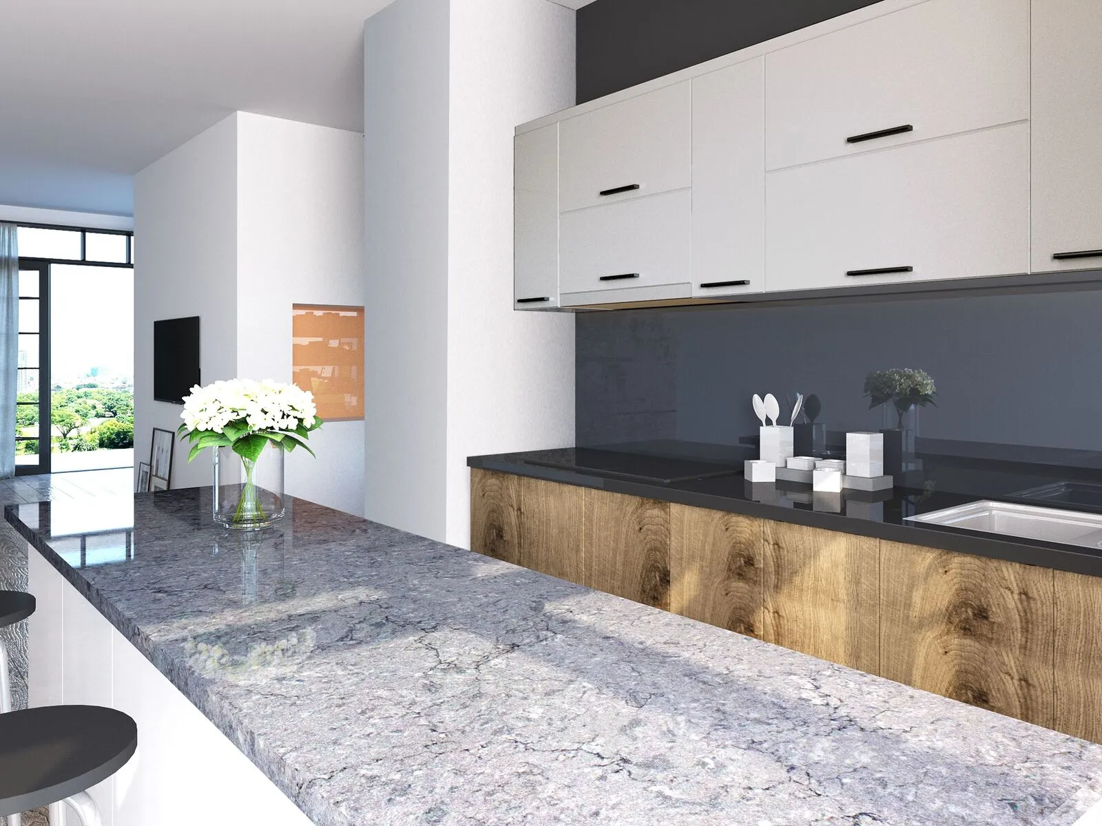 Image of installed Vicostone Blue Savoy Quartz countertops