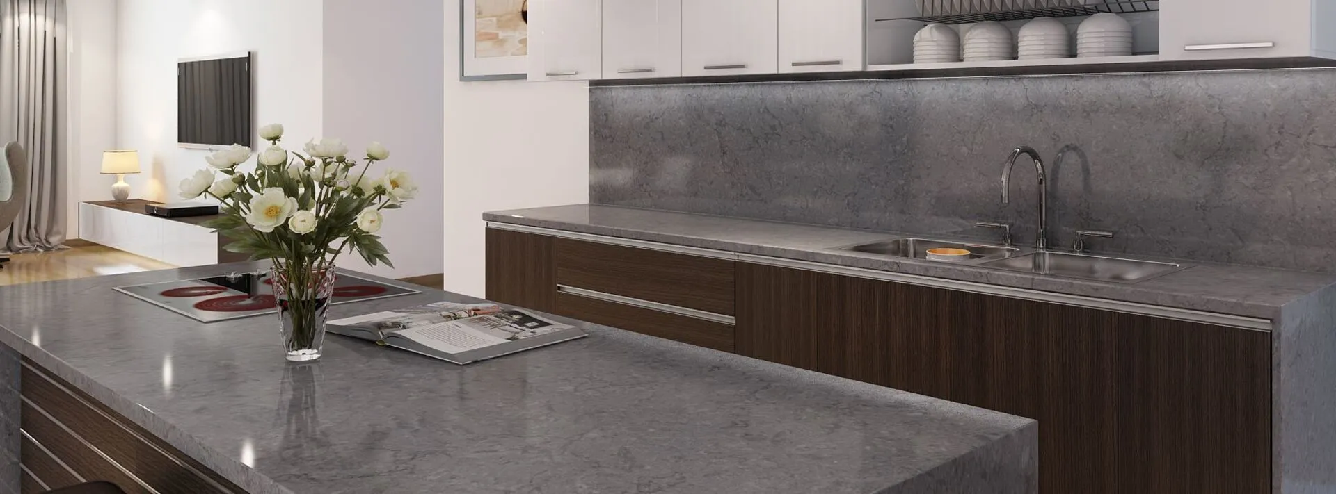Image of installed Vicostone Blue Savoy Quartz countertops