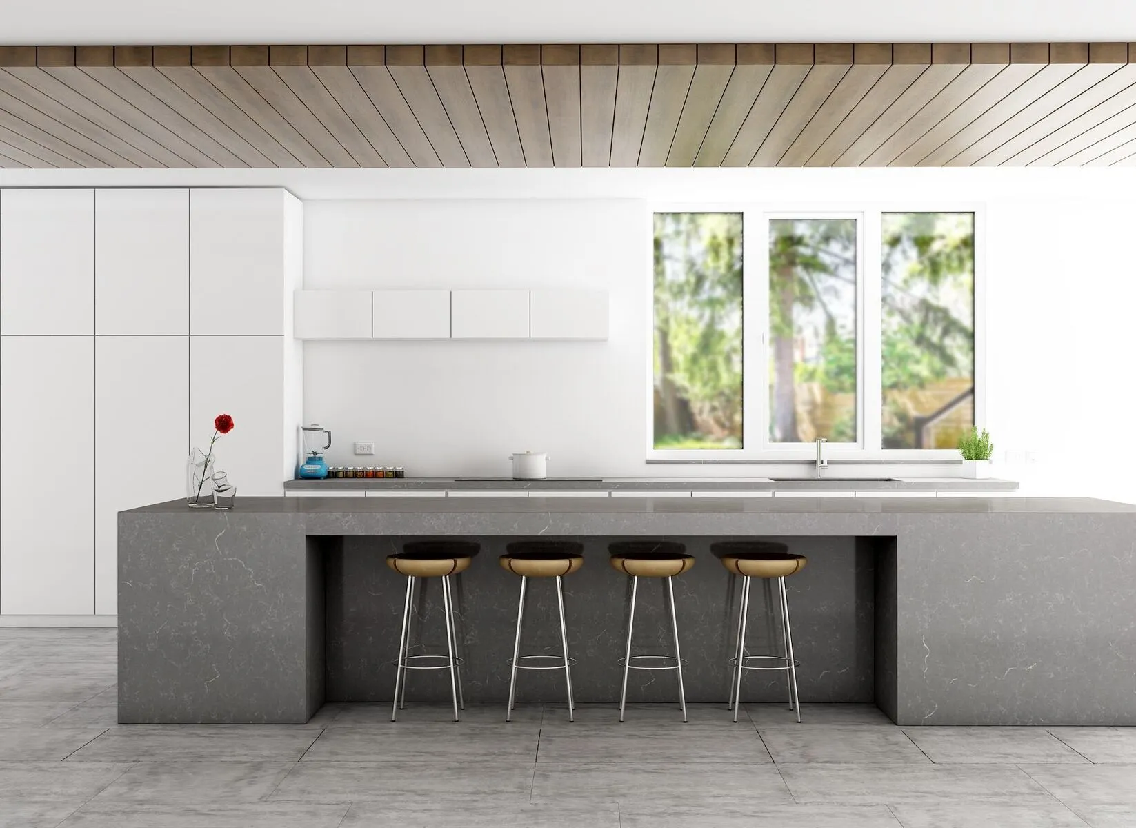 Image of installed Vicostone Cinza Quartz countertops