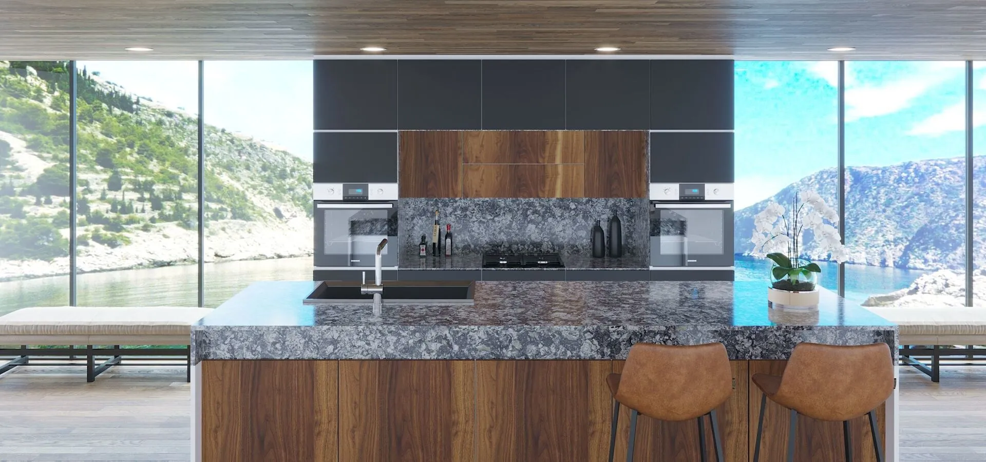 Image of installed Vicostone Azul Aran Quartz countertops