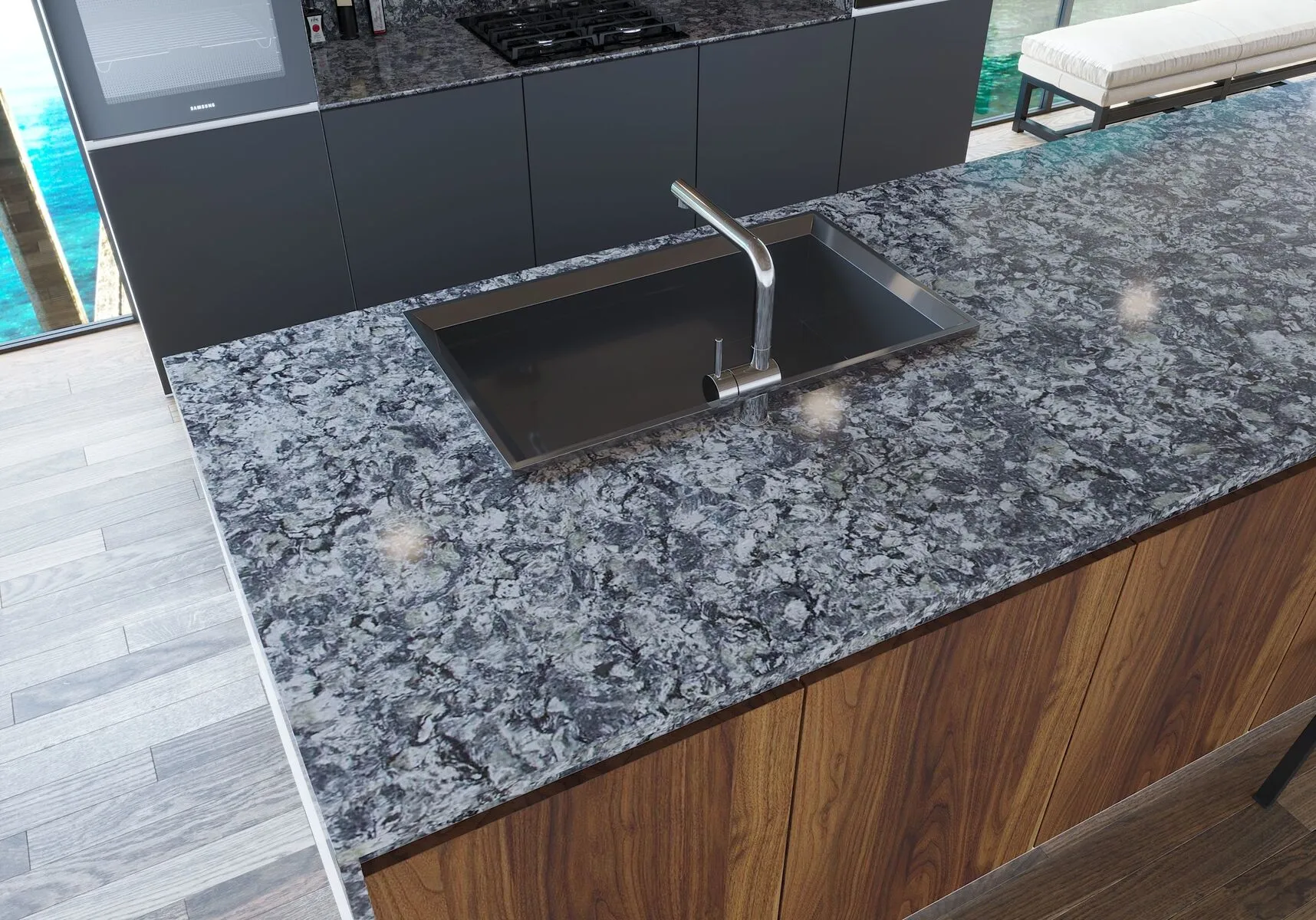 Image of installed Vicostone Azul Aran Quartz countertops