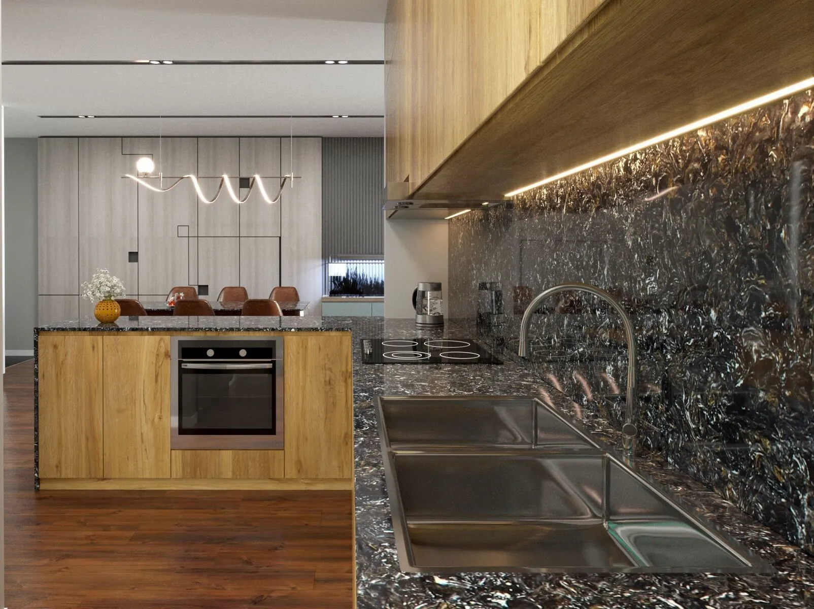 Image of installed Vicostone Cosmic Black Quartz countertops