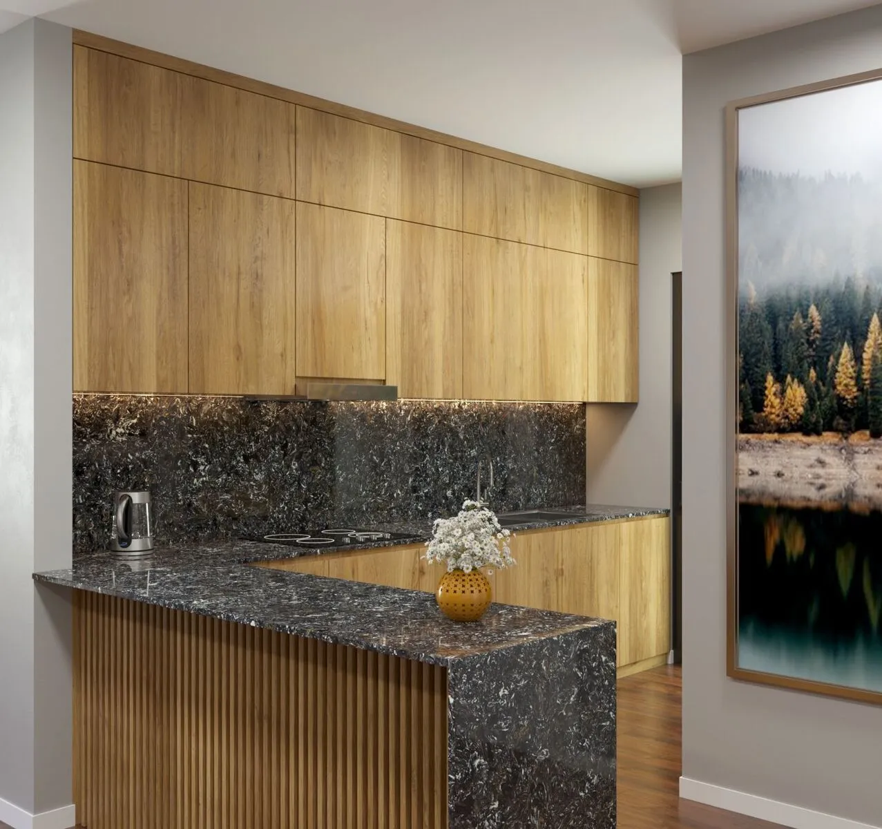 Image of installed Vicostone Cosmic Black Quartz countertops