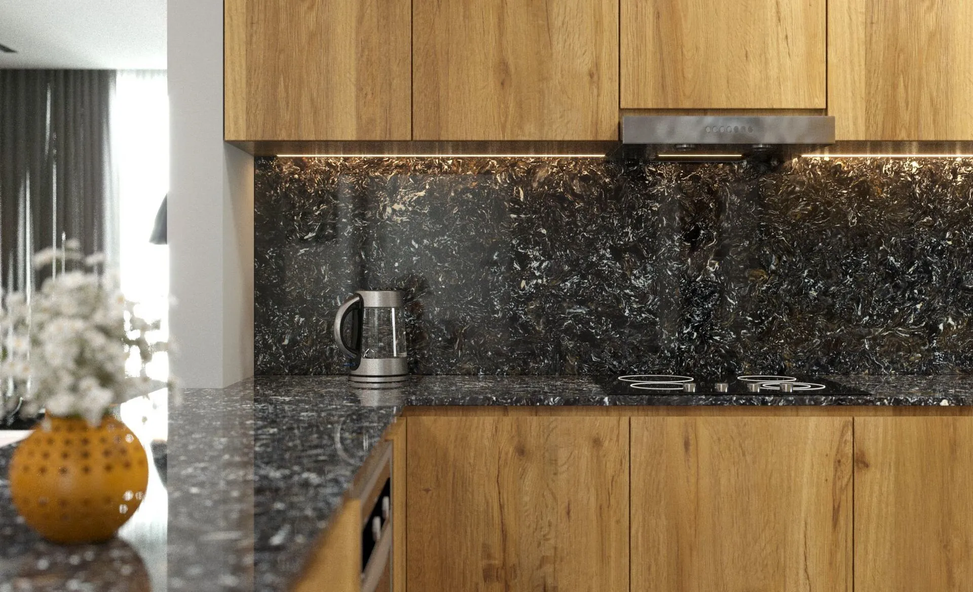 Image of installed Vicostone Cosmic Black Quartz countertops