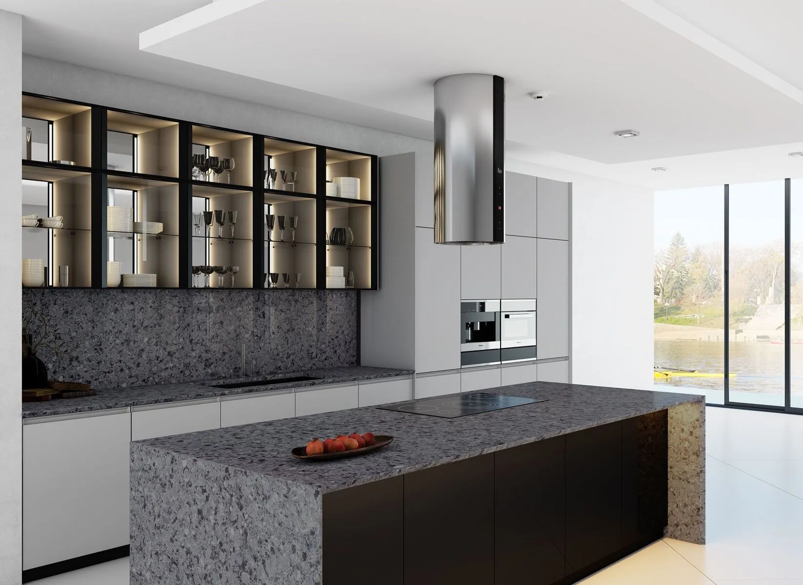Image of installed Vicostone Squalo Quartz countertops