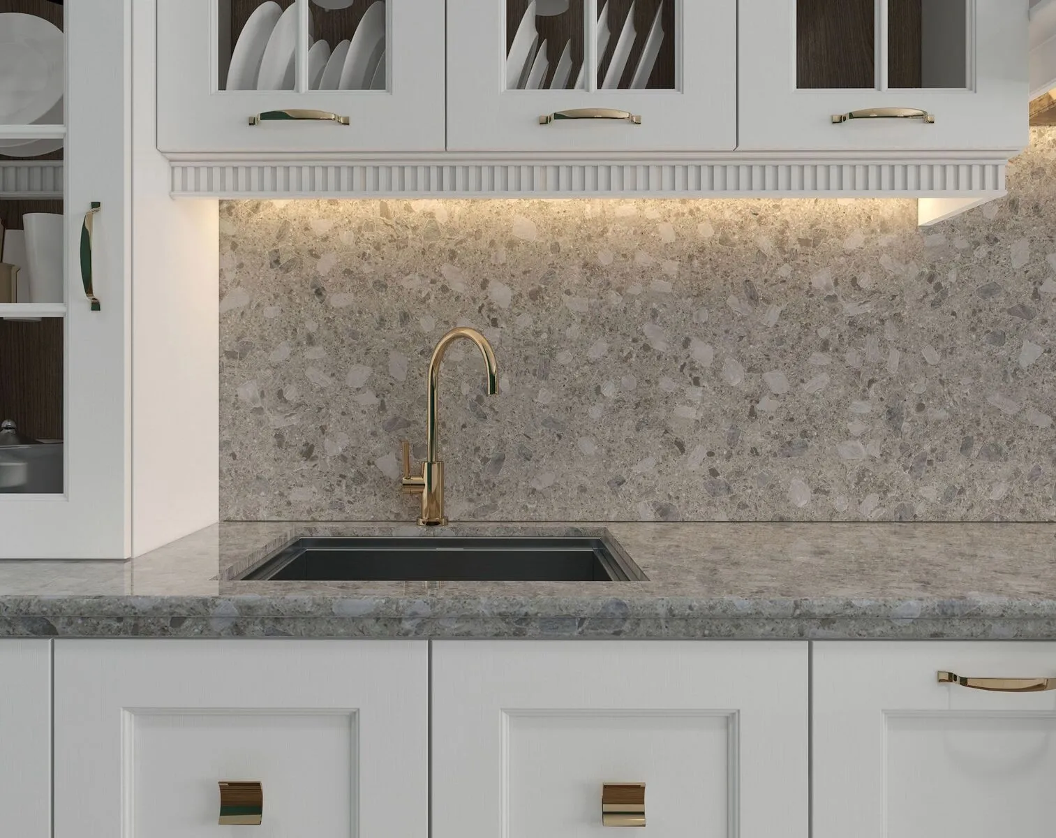 Image of installed Vicostone Ceppo Di Gre Quartz countertops