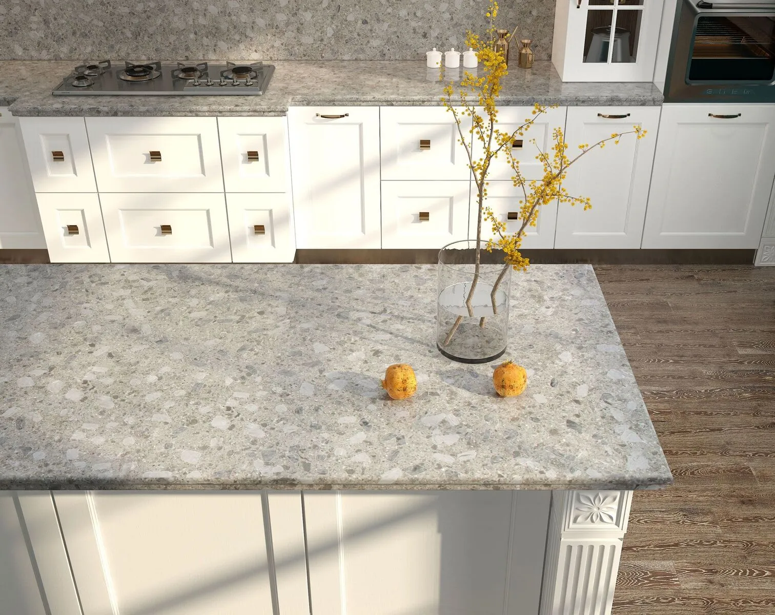 Image of installed Vicostone Ceppo Di Gre Quartz countertops