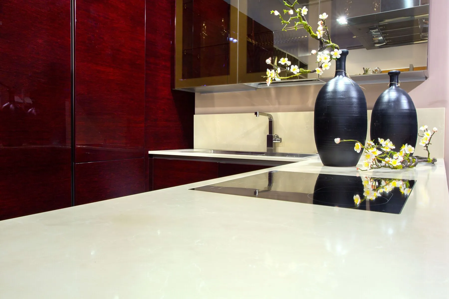Image of installed Vicostone Botticino Classic Brown Quartz countertops