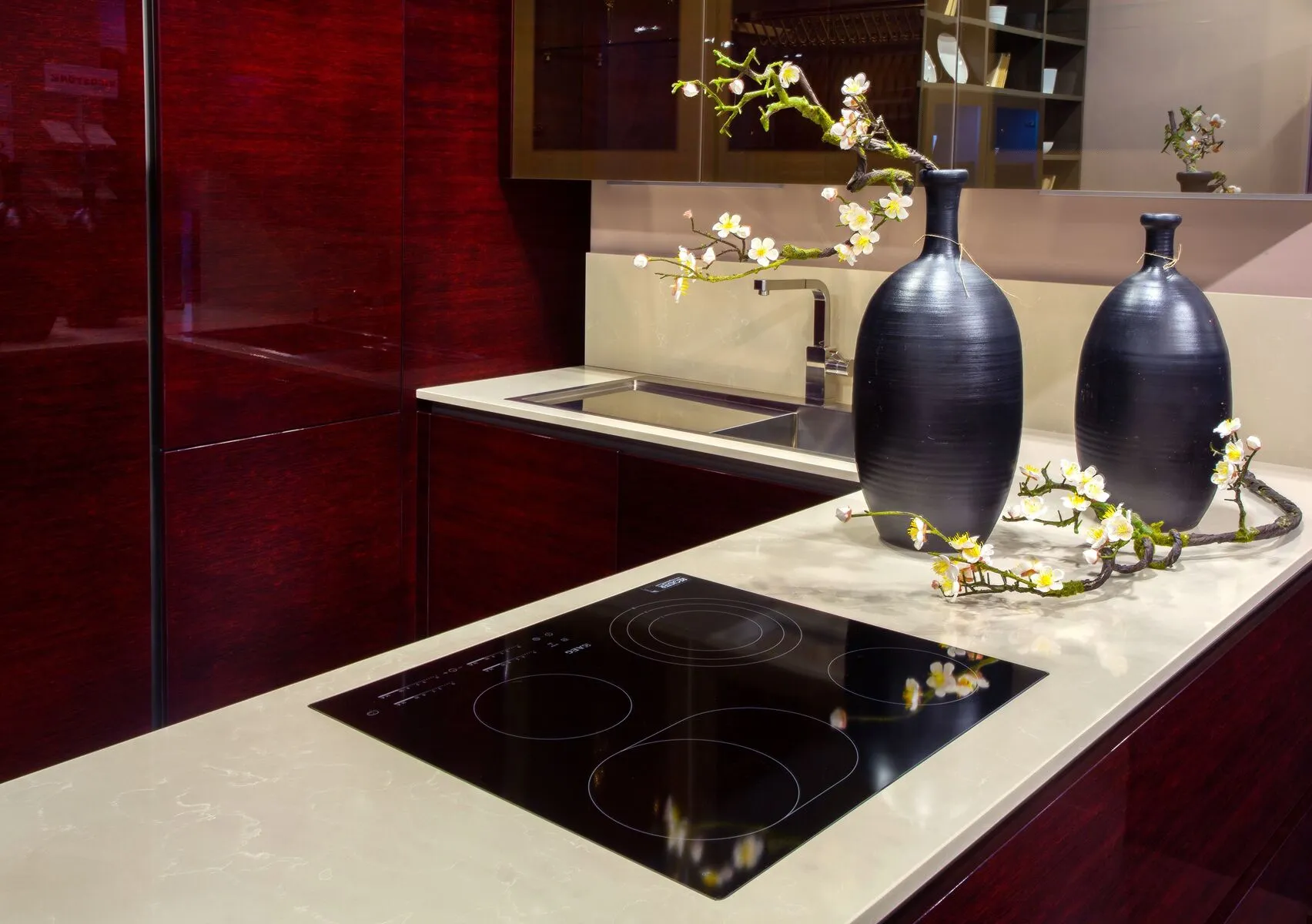 Image of installed Vicostone Botticino Classic Brown Quartz countertops