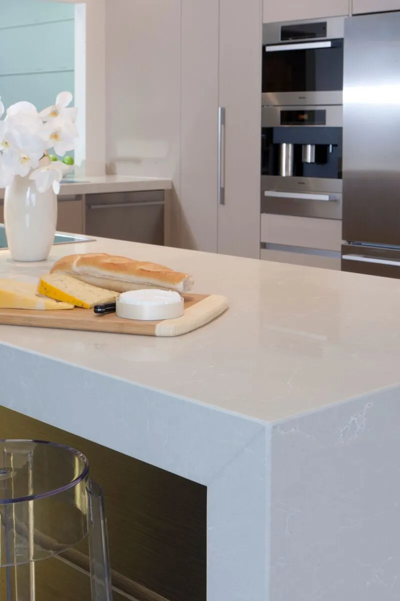 Image of installed Vicostone Botticino Classic Brown Quartz countertops