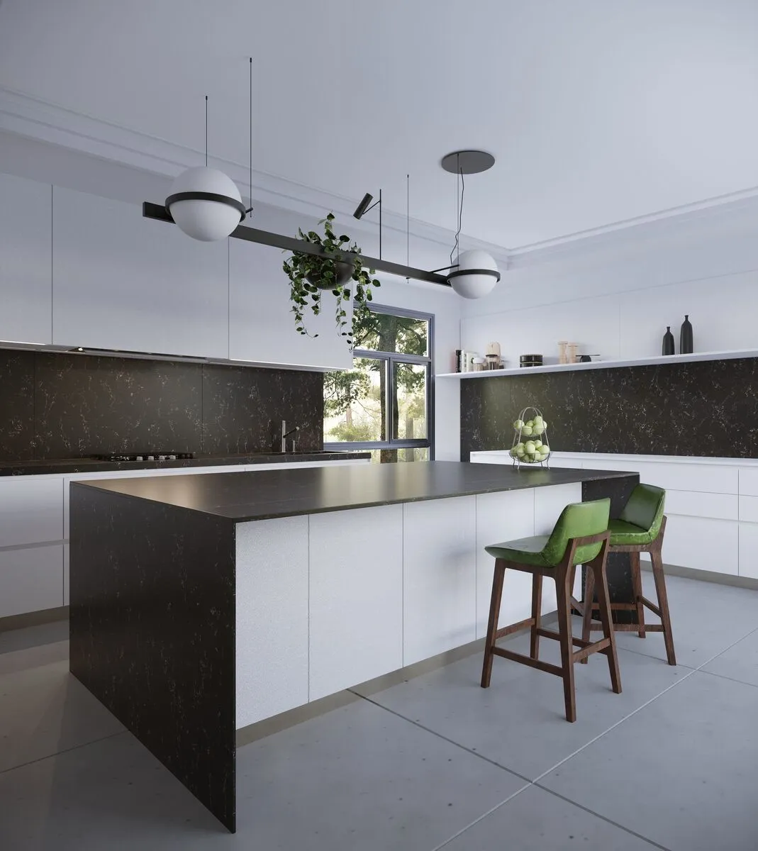 Image of installed Vicostone Java Noir Quartz countertops