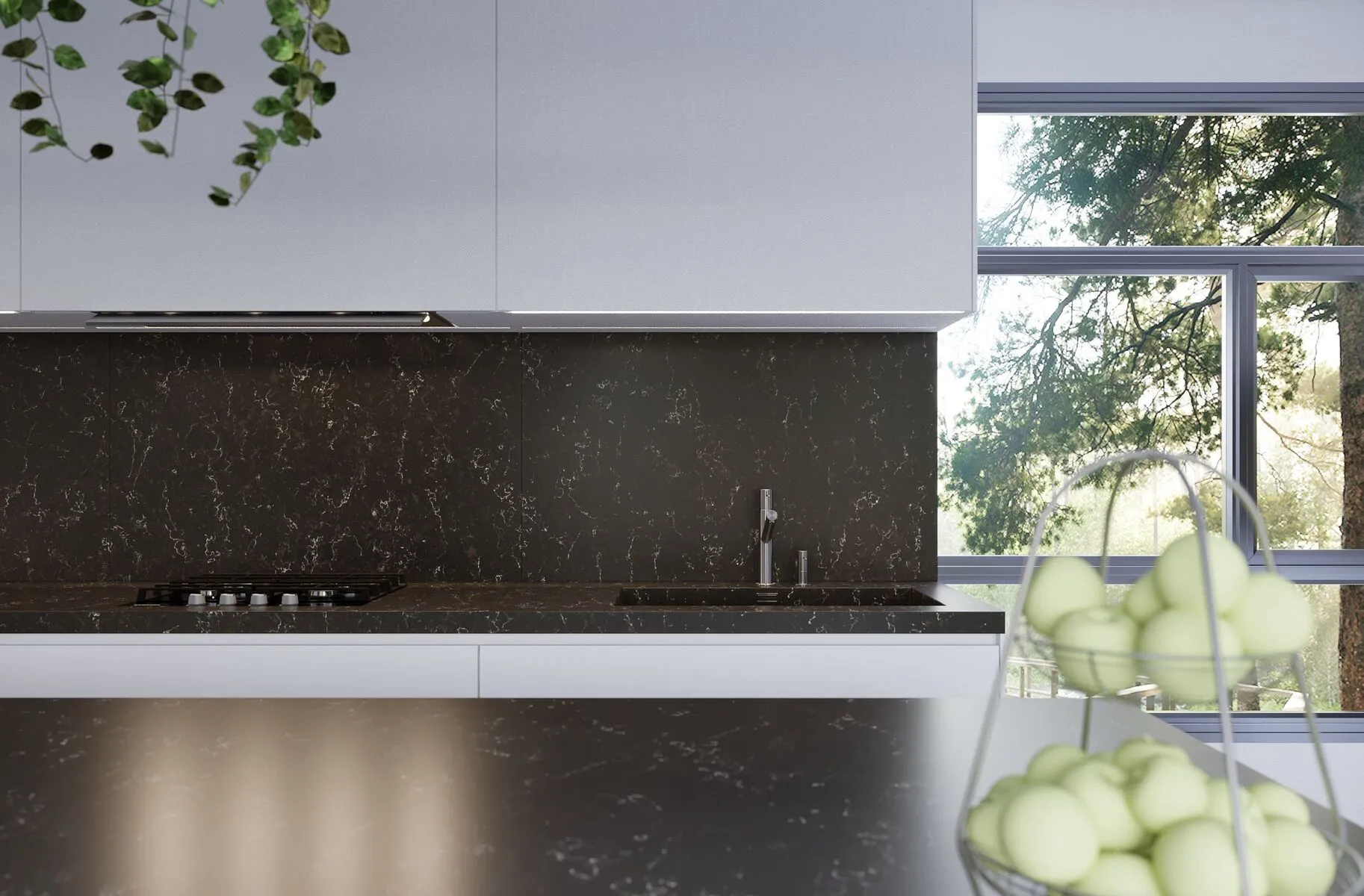 Image of installed Vicostone Java Noir Quartz countertops